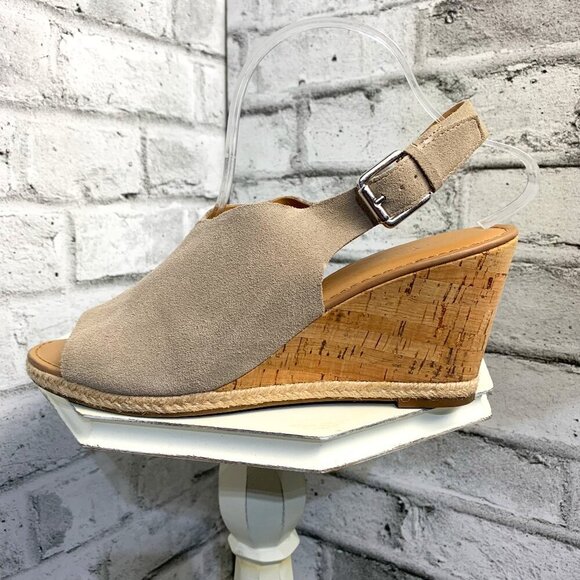 Franco Sarto Wedge Neutral Suede Cork Open Toe Slingback Espadrille Sandal - Picture 1 of 11